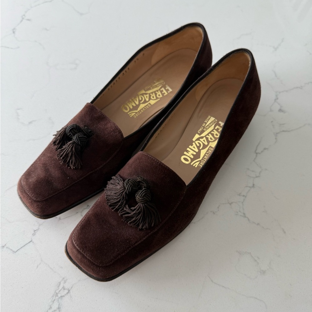Ferragamo Brown Suede Loafers with Tassels